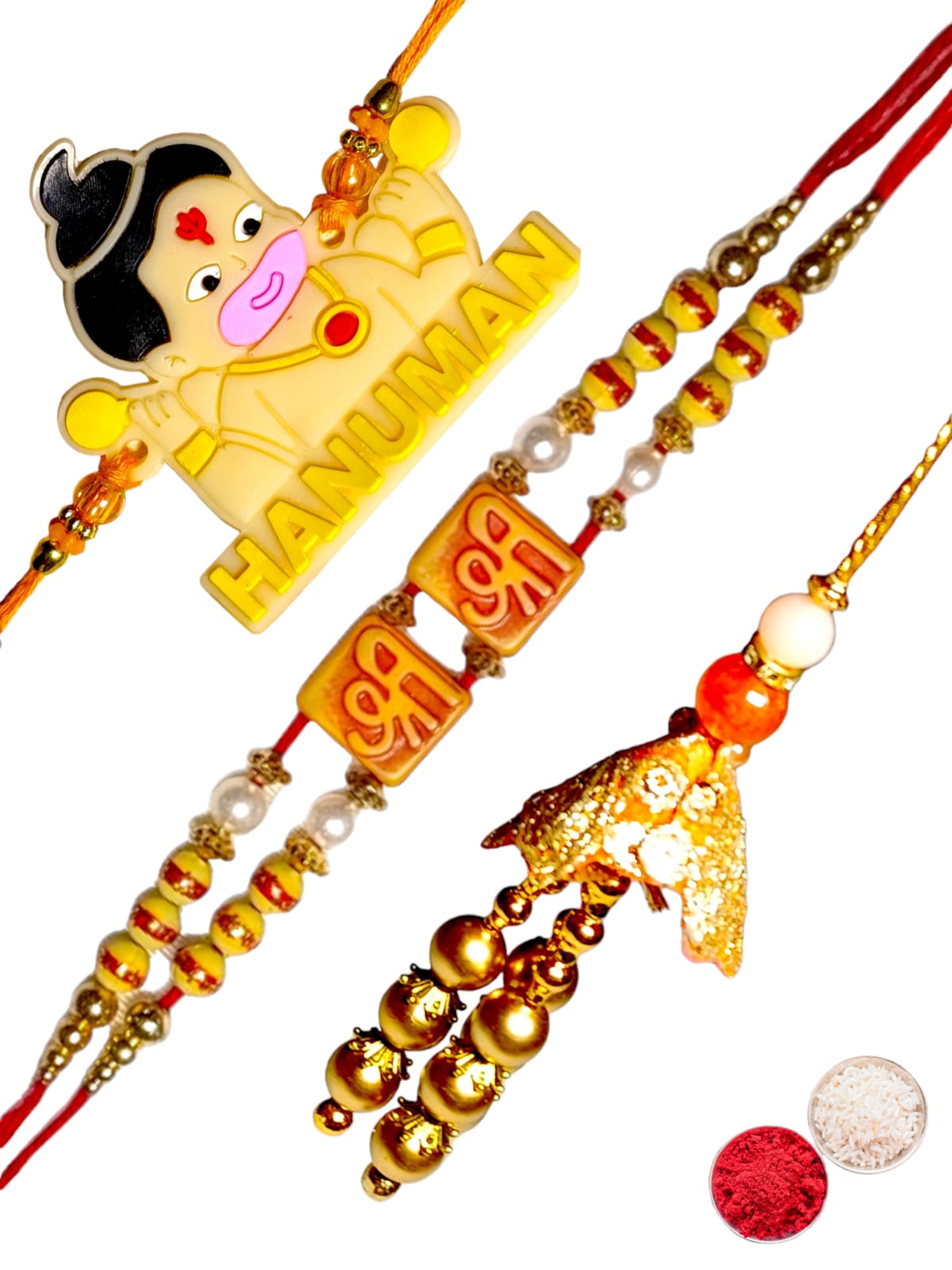 Bhaiya Bhabhi kids rakhi set bbk (1BHAIYA RAKHI, 1BHABHI RAKHI, 1 KIDS RAKHI, ROLI CHAWAL PACK)