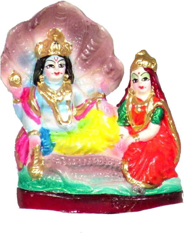 Lakshmi Vishnu God Idol | Vishnu Laxmi Idol Decorative Showpiece - 9 Cm (Terracotta, Multicolor)