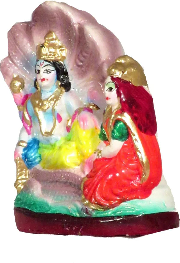 Lakshmi Vishnu God Idol | Vishnu Laxmi Idol Decorative Showpiece - 9 Cm (Terracotta, Multicolor)