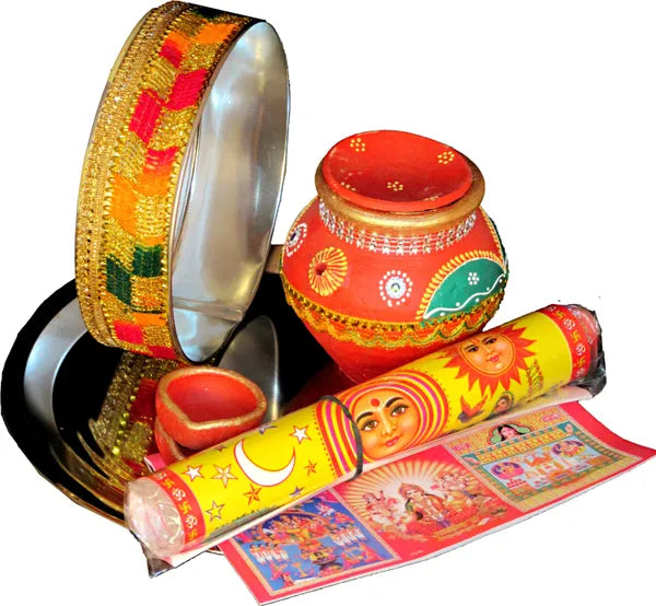 Karwa Chauth Pooja Thali Set|Karwachauth Thali Set |Karwa Chauth Thali Terracotta (7 Pieces, Multicolor)