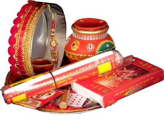 Karwa Chauth Pooja Thali Set|Karwachauth Thali Set |Karwa Chauth Thali Terracotta (22 Pieces, Multicolor)