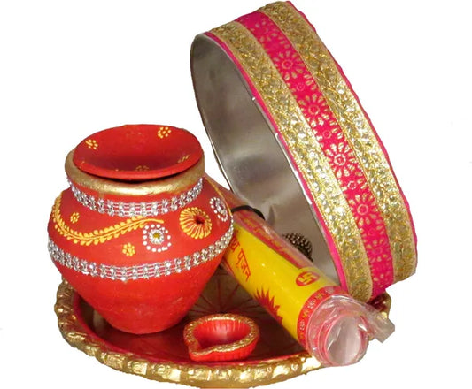 Karwa Chauth Pooja Thali Set|Karwachauth Thali Set |Karwa Chauth Thali Terracotta (6 Pieces, Multicolor)