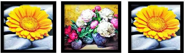 Photo & Frame Yellow Flower Painting For Wall Decor | Wall Painting For Living Room Digital Reprint 13 Inch X 13 Inch Painting (With Frame, Pack Of 3)