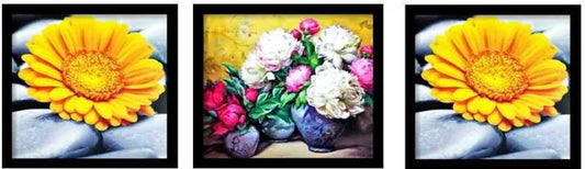 Photo & Frame Yellow Flower Painting For Wall Decor | Wall Painting For Living Room Digital Reprint 13 Inch X 13 Inch Painting (With Frame, Pack Of 3)