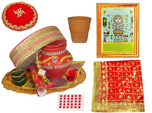 Kkarwa Chauth Thali With Full Size Chunni And Glass With Thali Cover For Pooja Terracotta (12 Pieces, Multicolor)