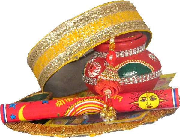 Kkarwa Chauth Thali With Full Size Chunni And Glass With Thali Cover For Pooja Terracotta (12 Pieces, Multicolor)