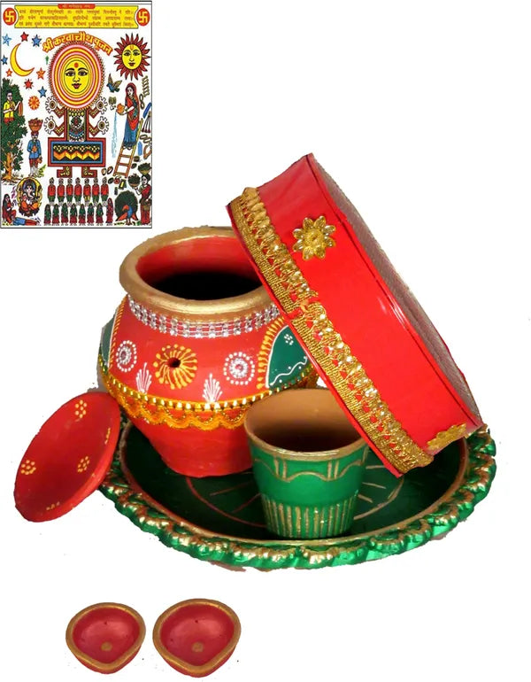 6 Inch Terracotta Karwa Chauth Thali With Karwa And Glass For Pooja Terracotta (7 Pieces, Multicolor, Multicolor)