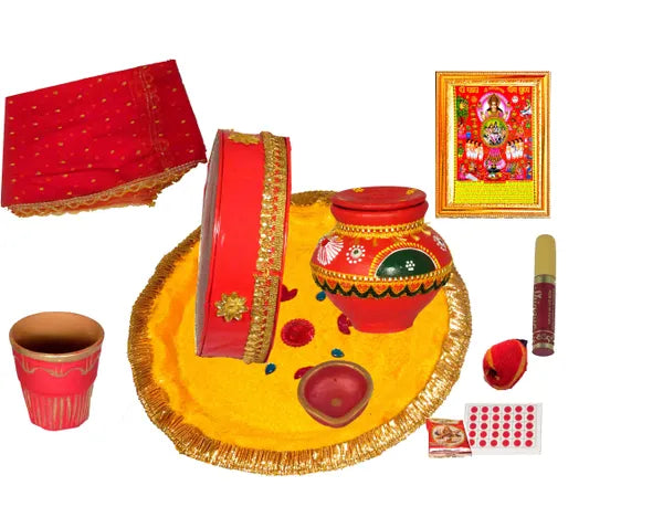 Photo & Frame Karwa Chauth Thali With Full Size Chunni , Glass And   For Pooja Terracotta (11 Pieces, Red, Multicolor)