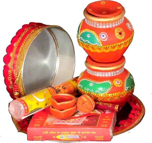 Terracotta Karwachauth And Ahoi Thali Set | Karwachauth Thali Terracotta (24 Pieces, Multicolor)