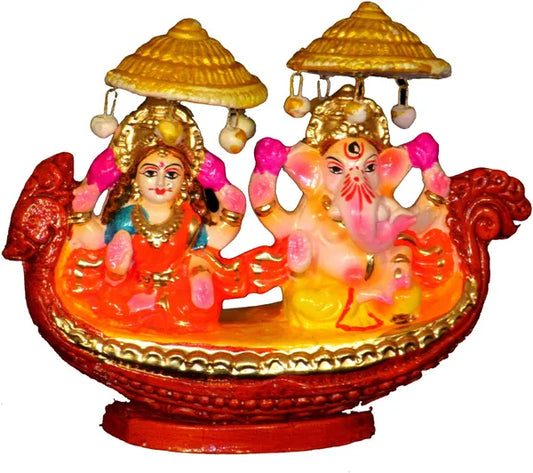 Terracotta Laxmi Ganesh Murti / Clay Laxmi Ganesh Idol On Boat Decorative Showpiece - 14 Cm (Terracotta, Multicolor)