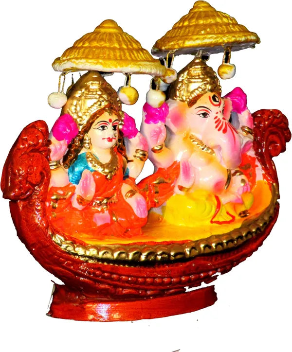 Terracotta Laxmi Ganesh Murti / Clay Laxmi Ganesh Idol On Boat Decorative Showpiece - 14 Cm (Terracotta, Multicolor)