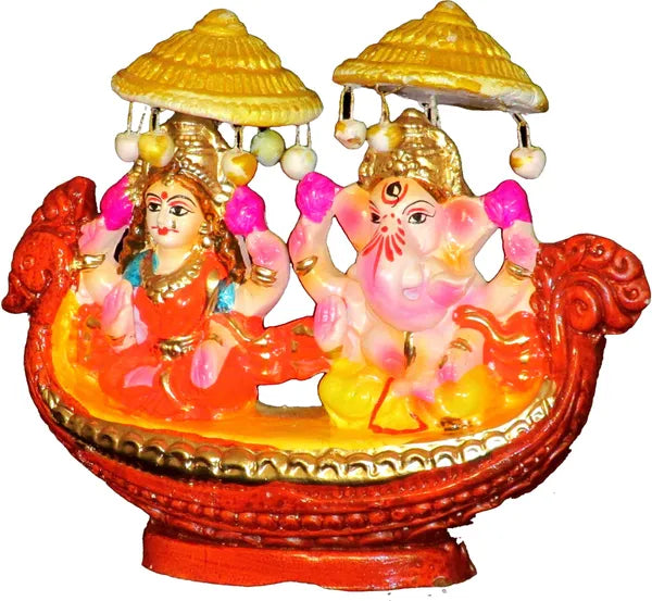 Terracotta Laxmi Ganesh Murti / Clay Laxmi Ganesh Idol On Boat Decorative Showpiece - 14 Cm (Terracotta, Multicolor)