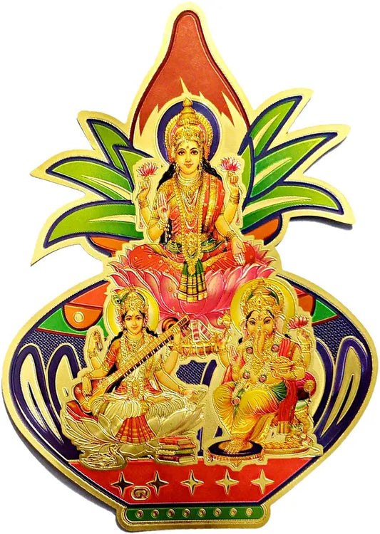 20.32 Cm Laxmi Ganesh Saraswati With Kalash Gold Foil Embossed Sticker Self Adhesive Sticker (Pack Of 1)