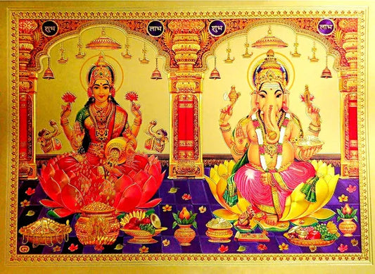 12.7 Cm Gold Foil Embossed Laxmi Ganesh Sticker For Pooja Room Self Adhesive Sticker (Pack Of 1)