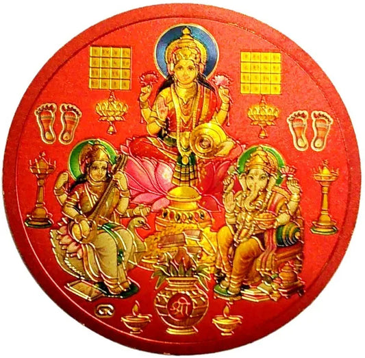 7.62 Cm Gold Foil Embossed Laxmi Ganesh Saraswati Sticker Self Adhesive Sticker (Pack Of 1)