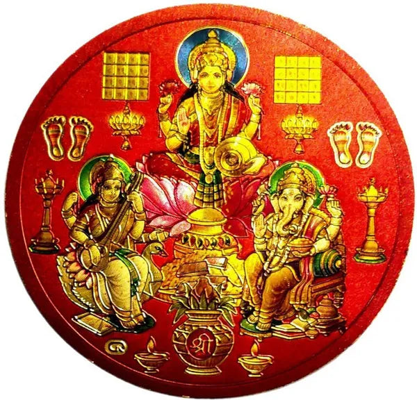 7.62 Cm Gold Foil Embossed Laxmi Ganesh Saraswati Sticker Self Adhesive Sticker (Pack Of 1)