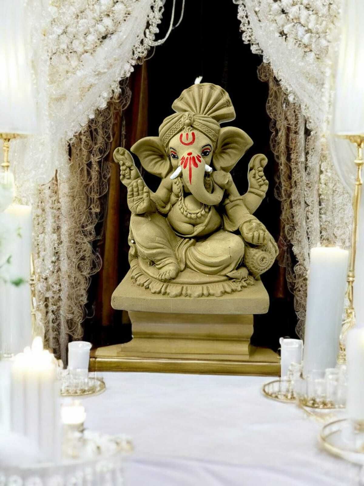 Suninow Eco Friendly Clay Ganesh Idol for Ganesh Chaturthi – 6.7 Inch
