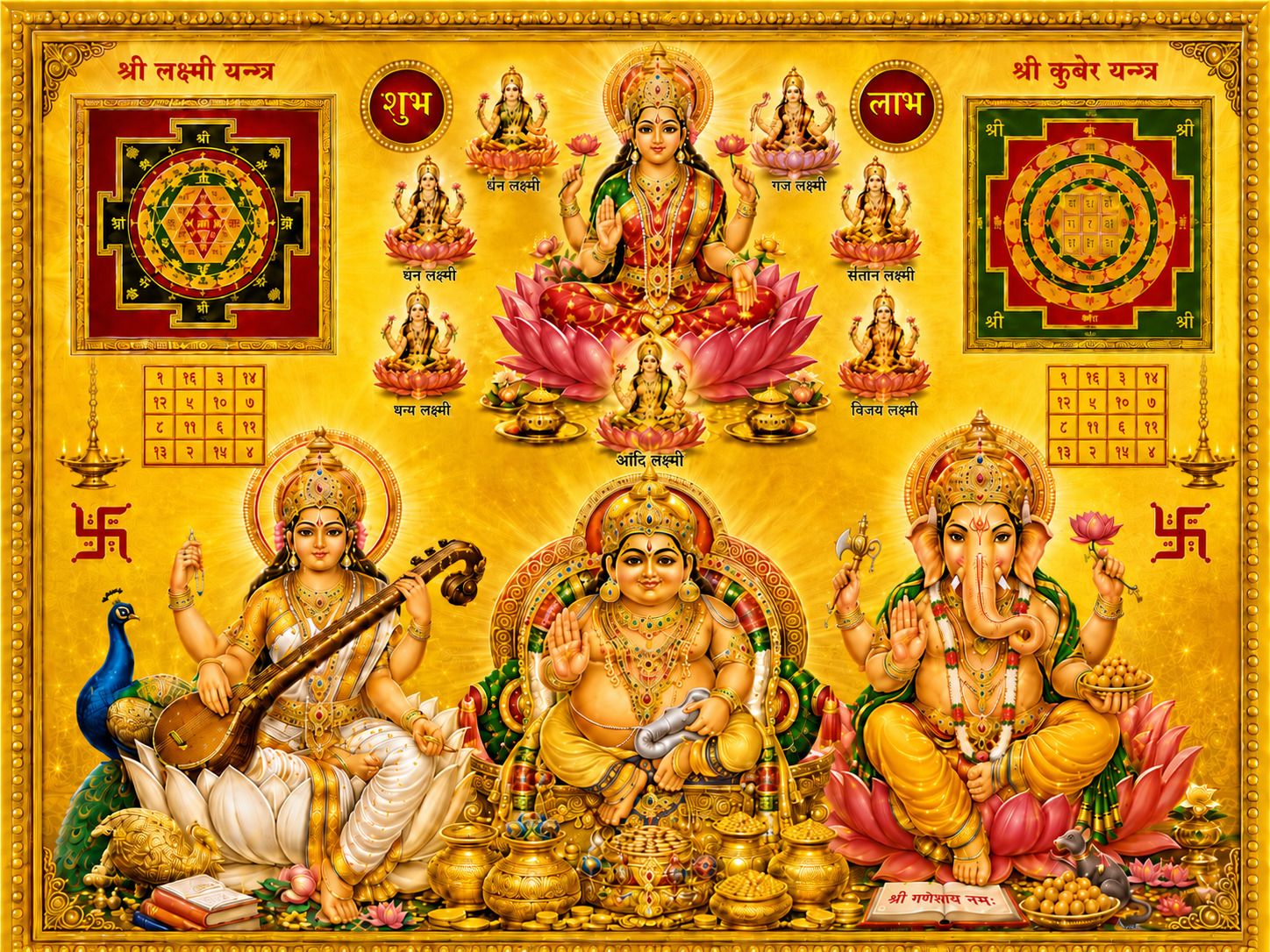 Shubh Labh Laxmi Ganesh Saraswati Kuber Wall Painting — 22x17 cm