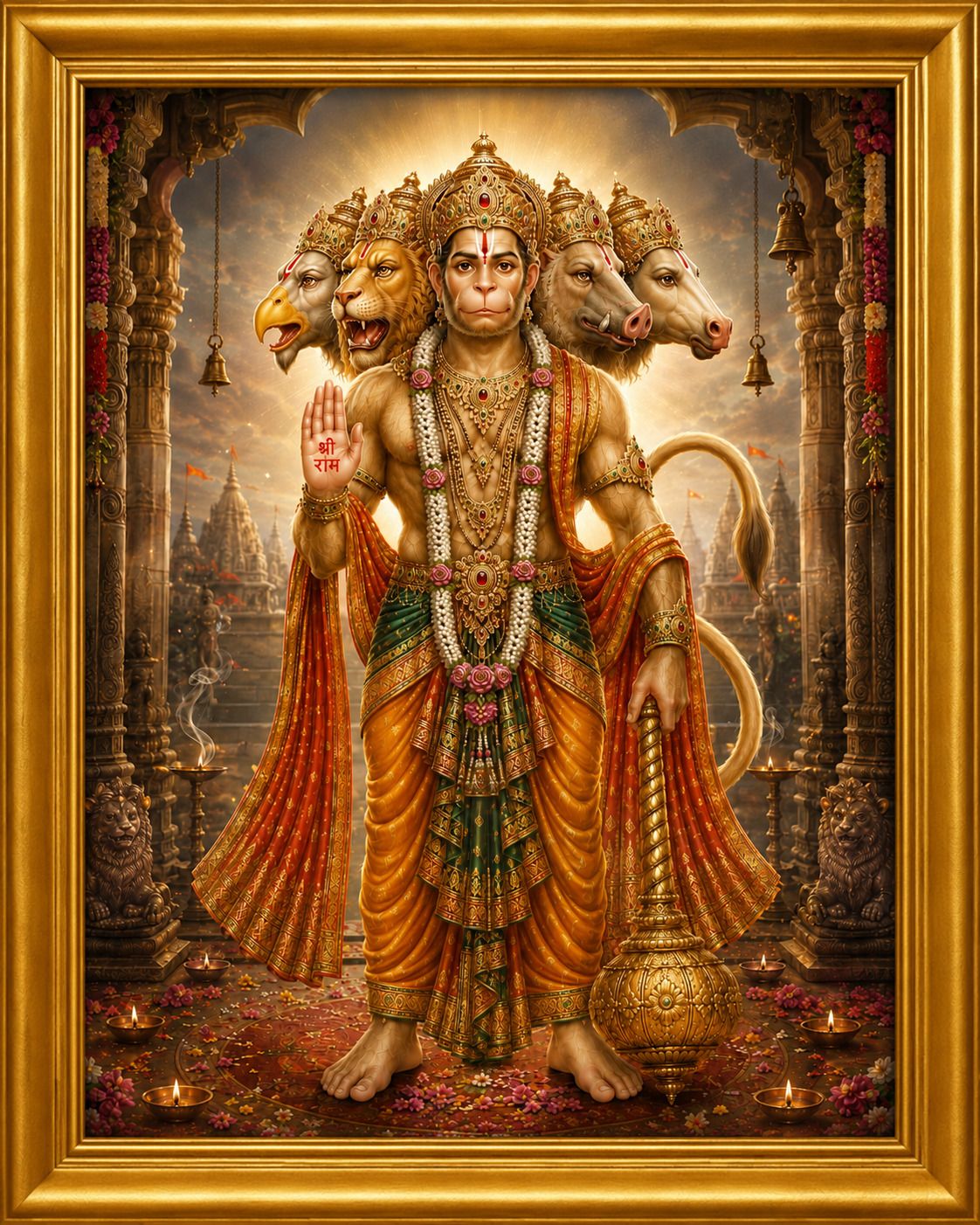 Panchmukhi Hanuman Gold Religious Frame for Pooja Room — 22x17 cm