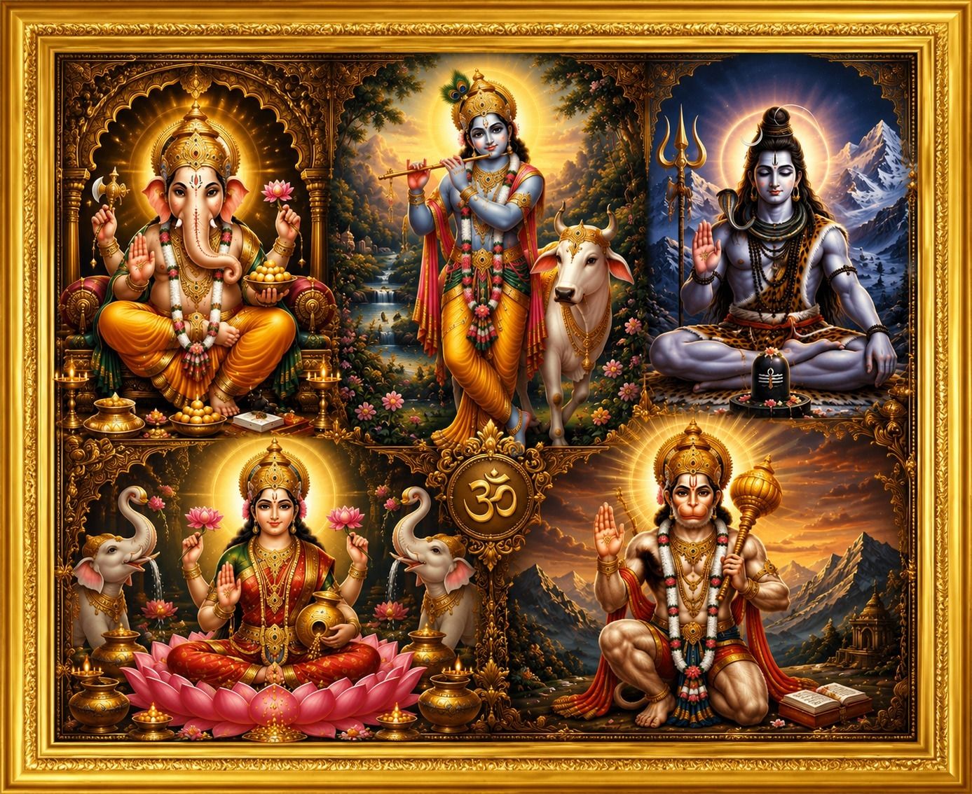 Panch Dev Darbar Golden Framed Wall Painting | — 20x14 cm