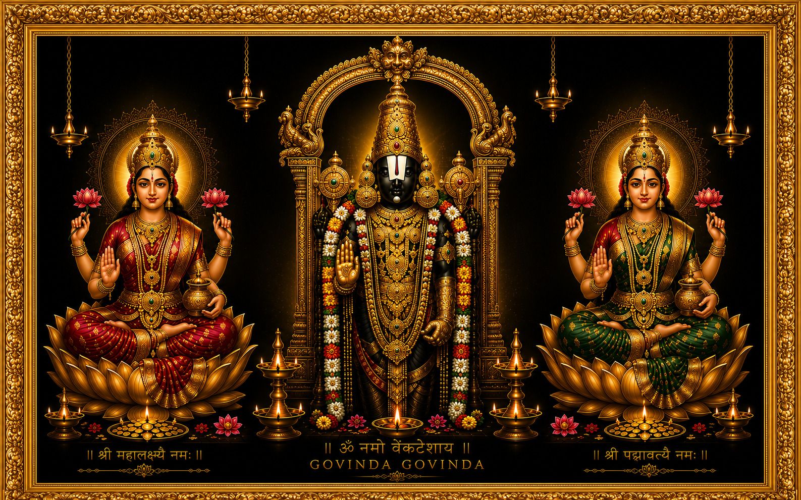 Lord Venkateswara with Goddess Lakshmi & Padmavati Religious Photo Frame — 33x24 cm