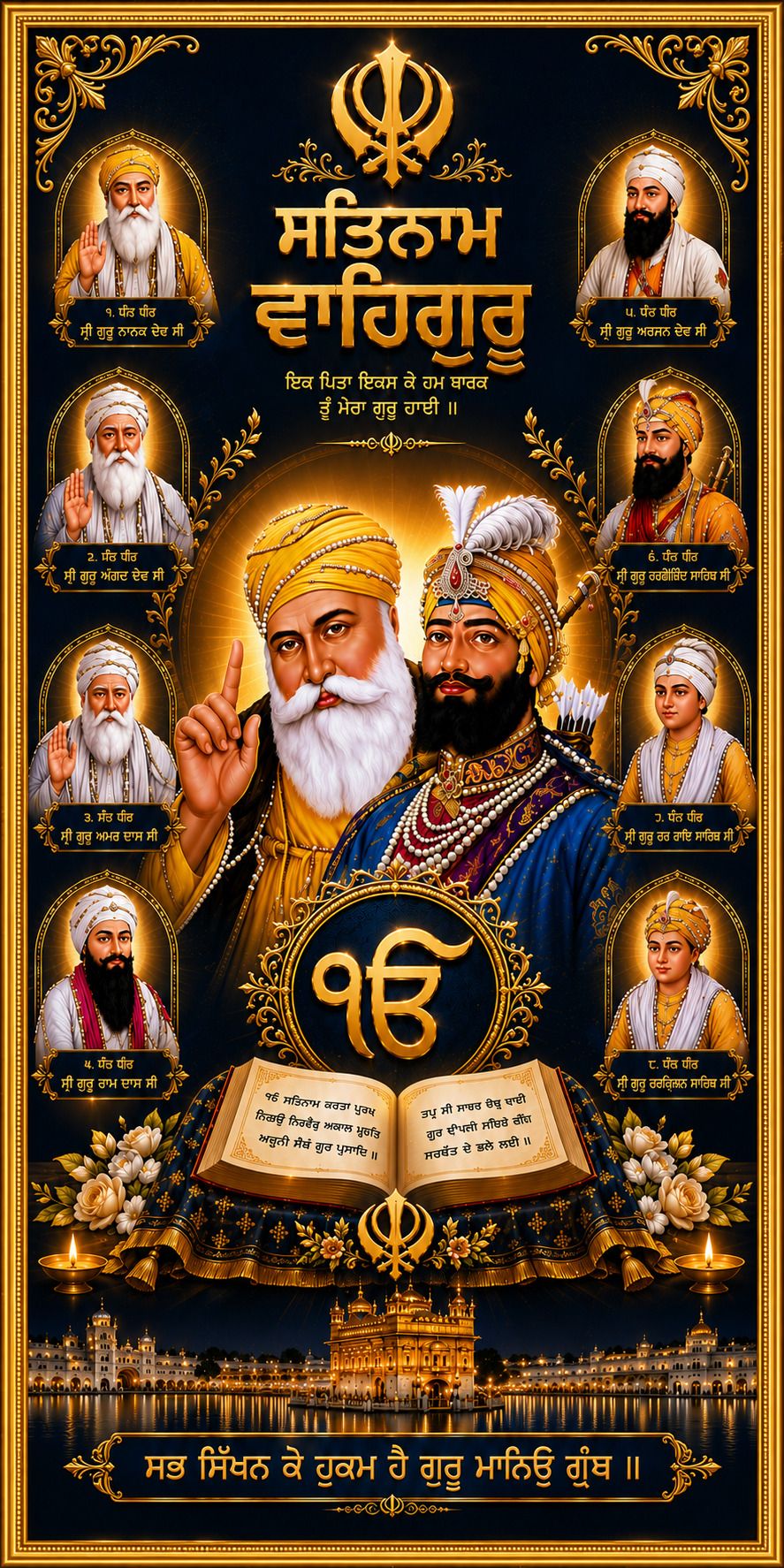 Guru Nanak Dev Ji with Sikh Gurus Religious Wall Frame — 33x24 cm