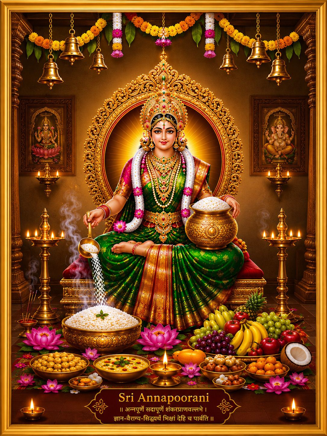 Sri Annapoorani Devi Wood Religious Frame — 33x24 cm