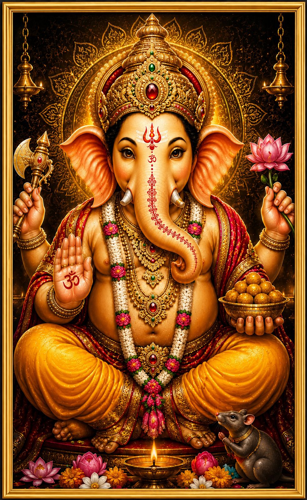 Lord Ganesha Golden Frame Wall Painting for Pooja Room and Living Room — 33x24 cm
