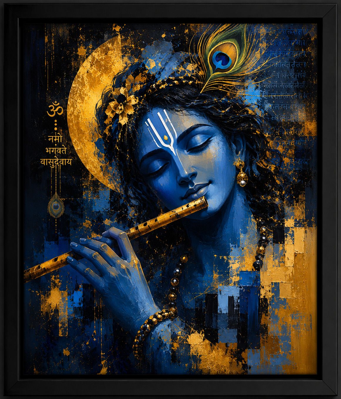 Lord Krishna Flute Black Religious Frame for Pooja Room — 33x24 cm