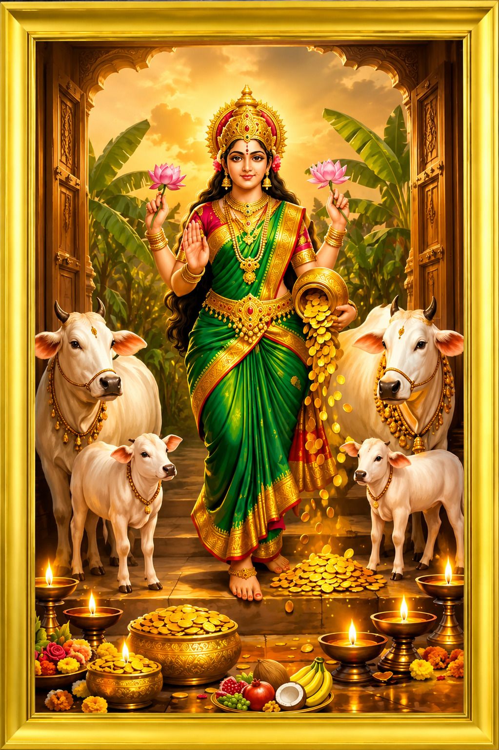 Goddess Lakshmi with Cow and Calf Religious frame 35.6 × 25.4 cm — 35.6x25.4 cm