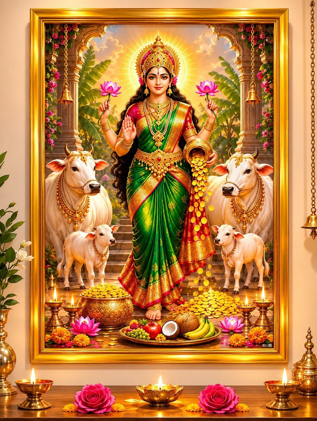 Divine Goddess Lakshmi Wall Painting with Cow & Calf 12 x 16 — 45.72x35.56 cm