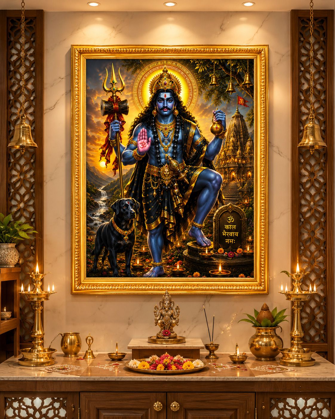 Kaal Bhairav Ji Golden Frame Wall Photo — 24x19 cm