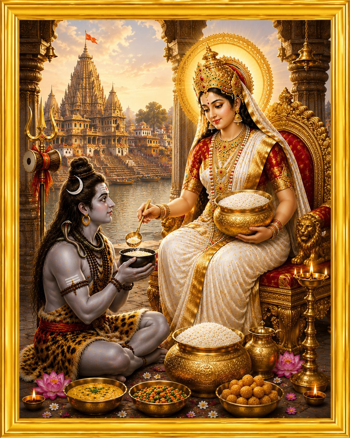 Maa Annapurna Devi Feeding Lord Shiva Golden Frame Wall Photo — 24x19 cm