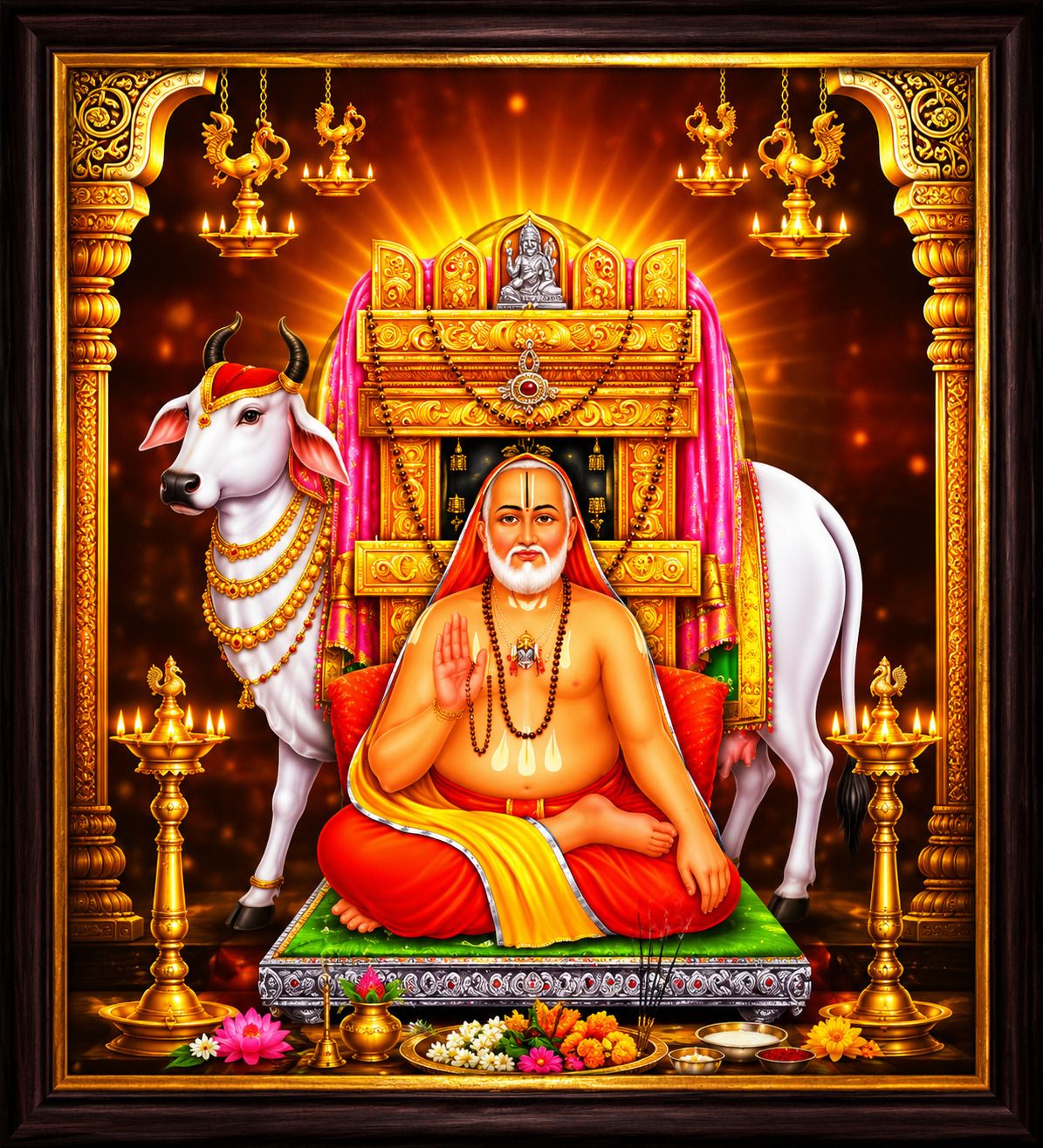 Shri Raghavendra Swamy with Kamadhenu Cow Wall Photo Religious Photo Frame — 24x19 cm