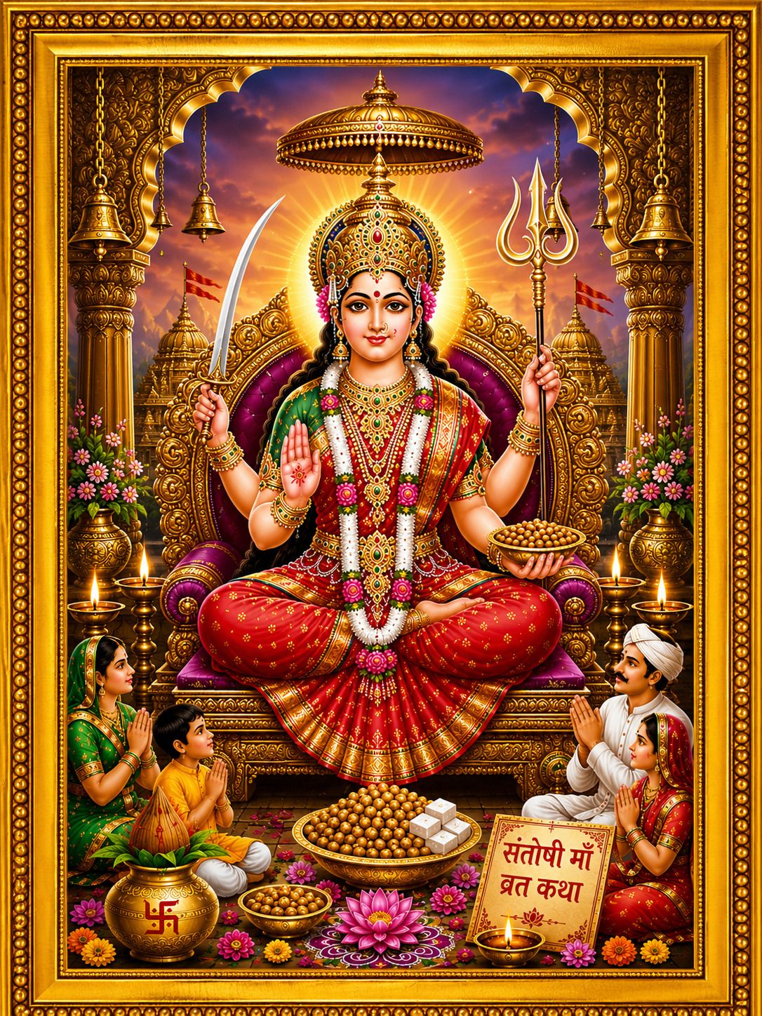 Santoshi Maa Vrat Katha Golden Frame — 24x19 cm