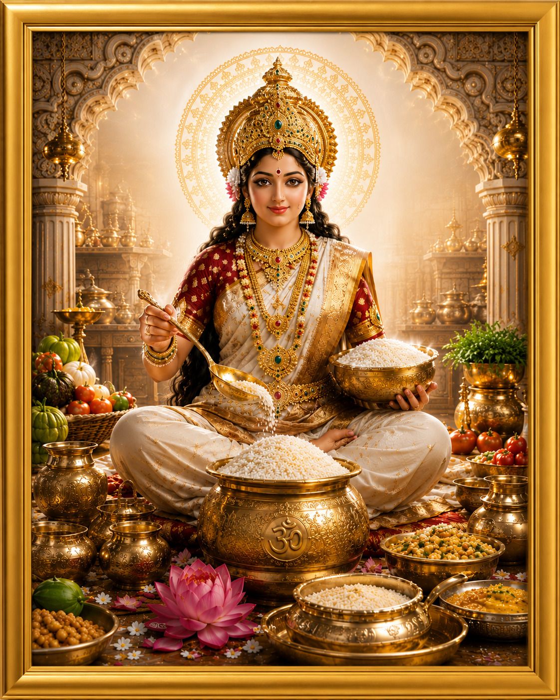 Maa Annapurna Devi Golden Frame Wall Photo for Pooja Room — 24x19 cm