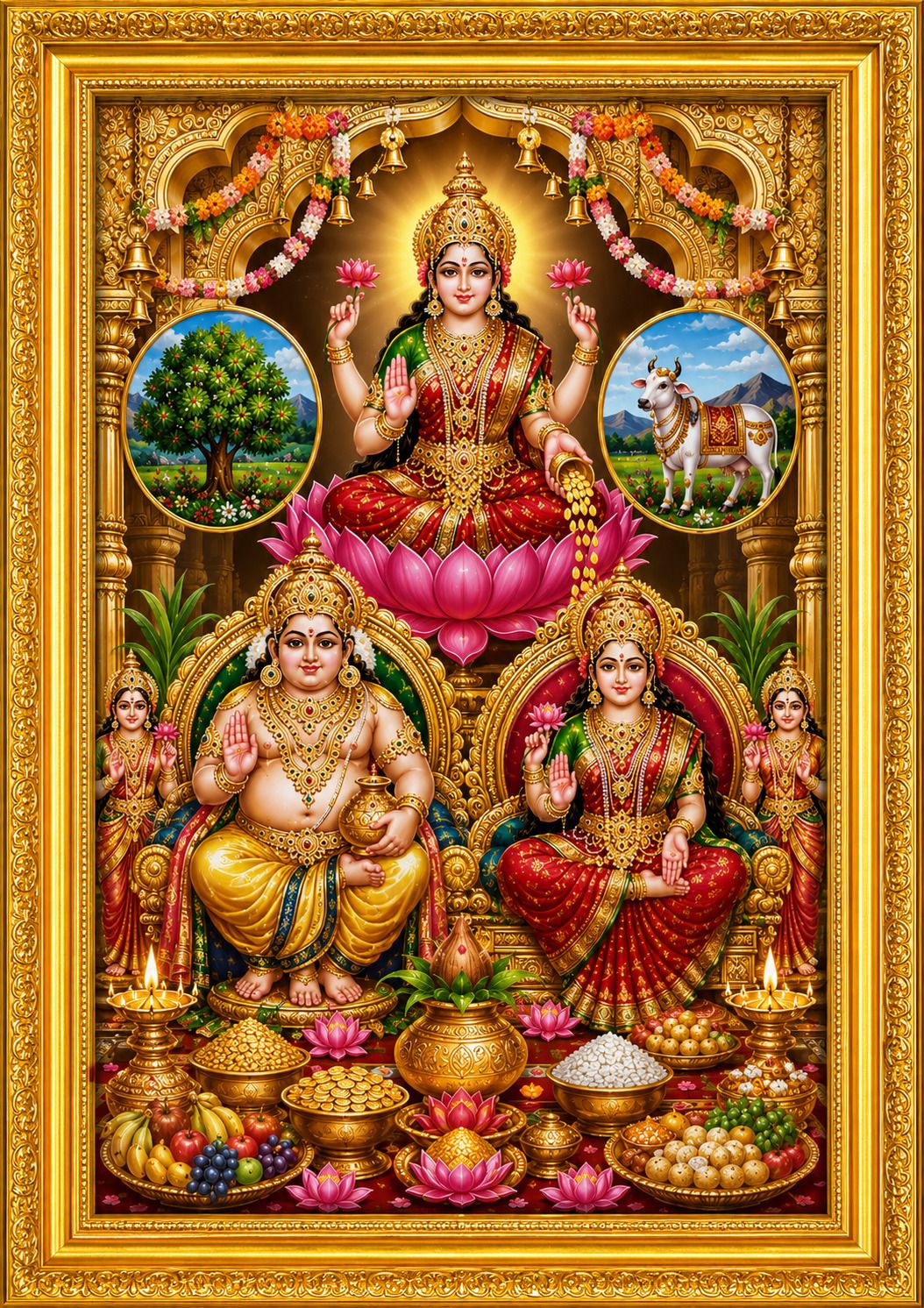 Lakshmi Kuber Dhan Varsha Photo Frame with Kamdhenu & Kalpavriksha — 24x19 cm