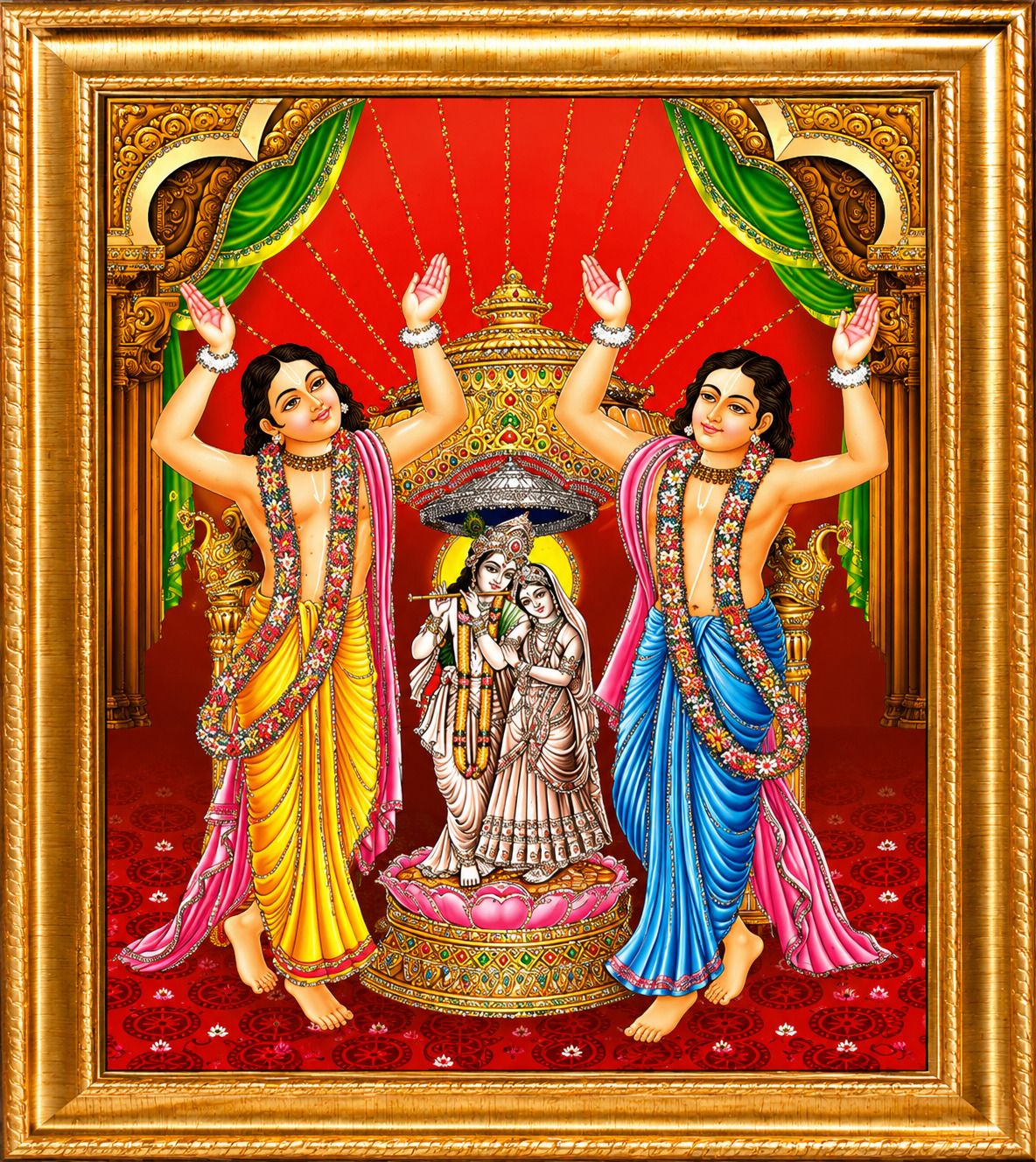 Radha Krishna with Gaur Nitai Golden Frame Wall Photo — 24x19 cm