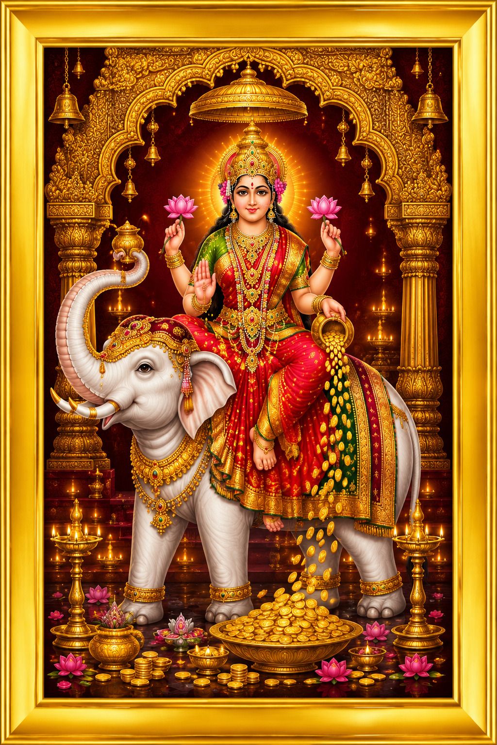 Maa Lakshmi on Airavat Elephant Golden Frame — 24x19 cm