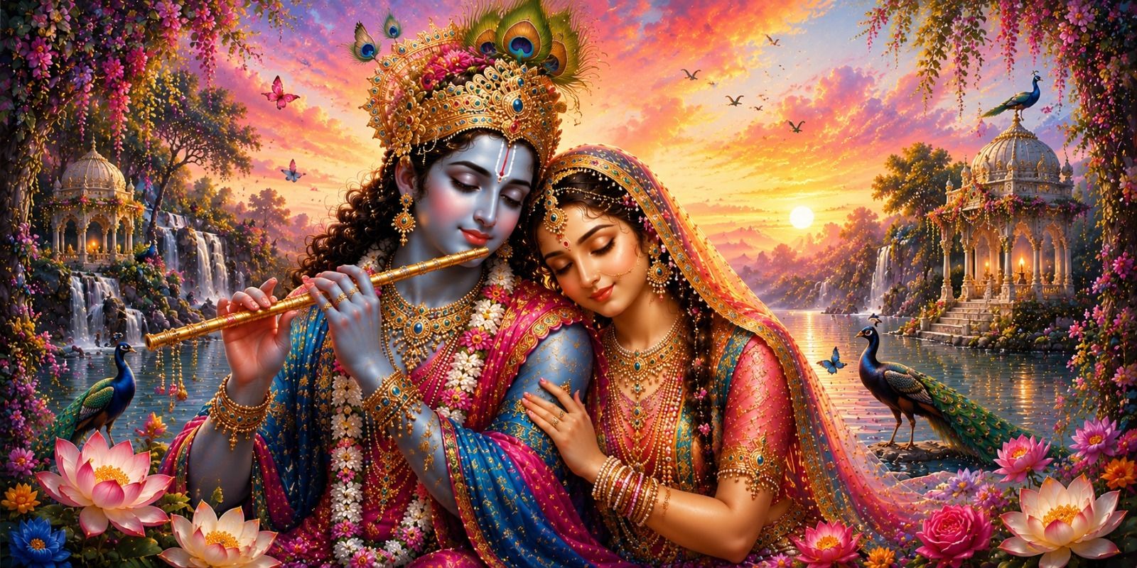 Radha Krishna Framed Ink 12 inch x 24 inch Painting (Without Frame) — 29x60 cm