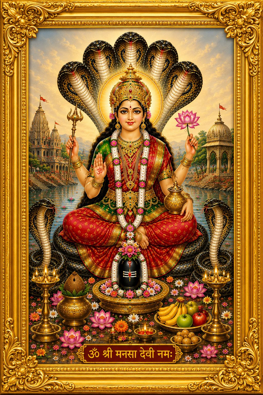 Maa Mansa Devi Photo Frame with Plain Golden Frame — 24x19 cm
