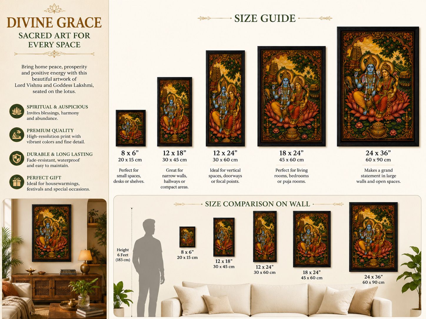 Divine Vishnu Lakshmi Wall Painting with Black Frame — 24x19 cm