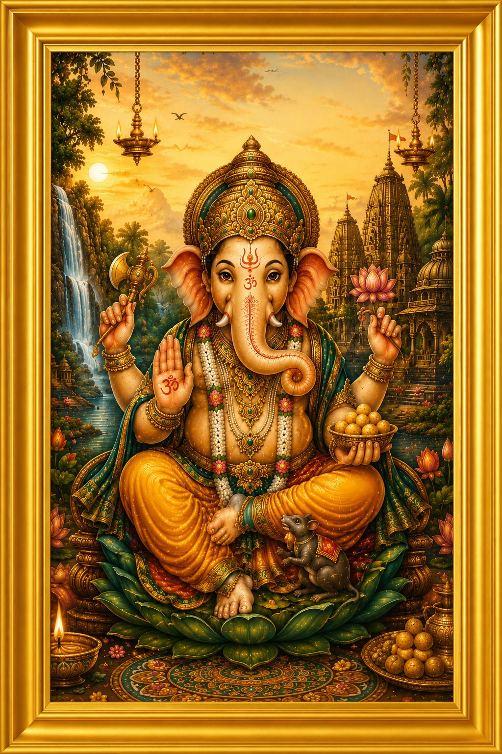 Lord Ganesha Golden Frame Wall Painting for Pooja Room — 24x19 cm