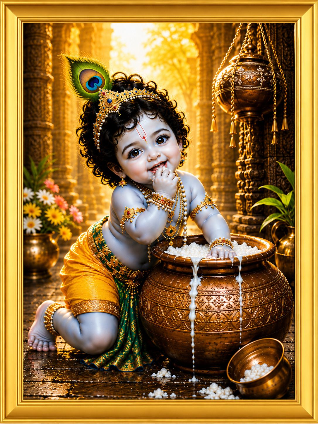 Baby Krishna Makhan Chor MDF Wall Painting with Premium Golden Frame — 24x19 cm