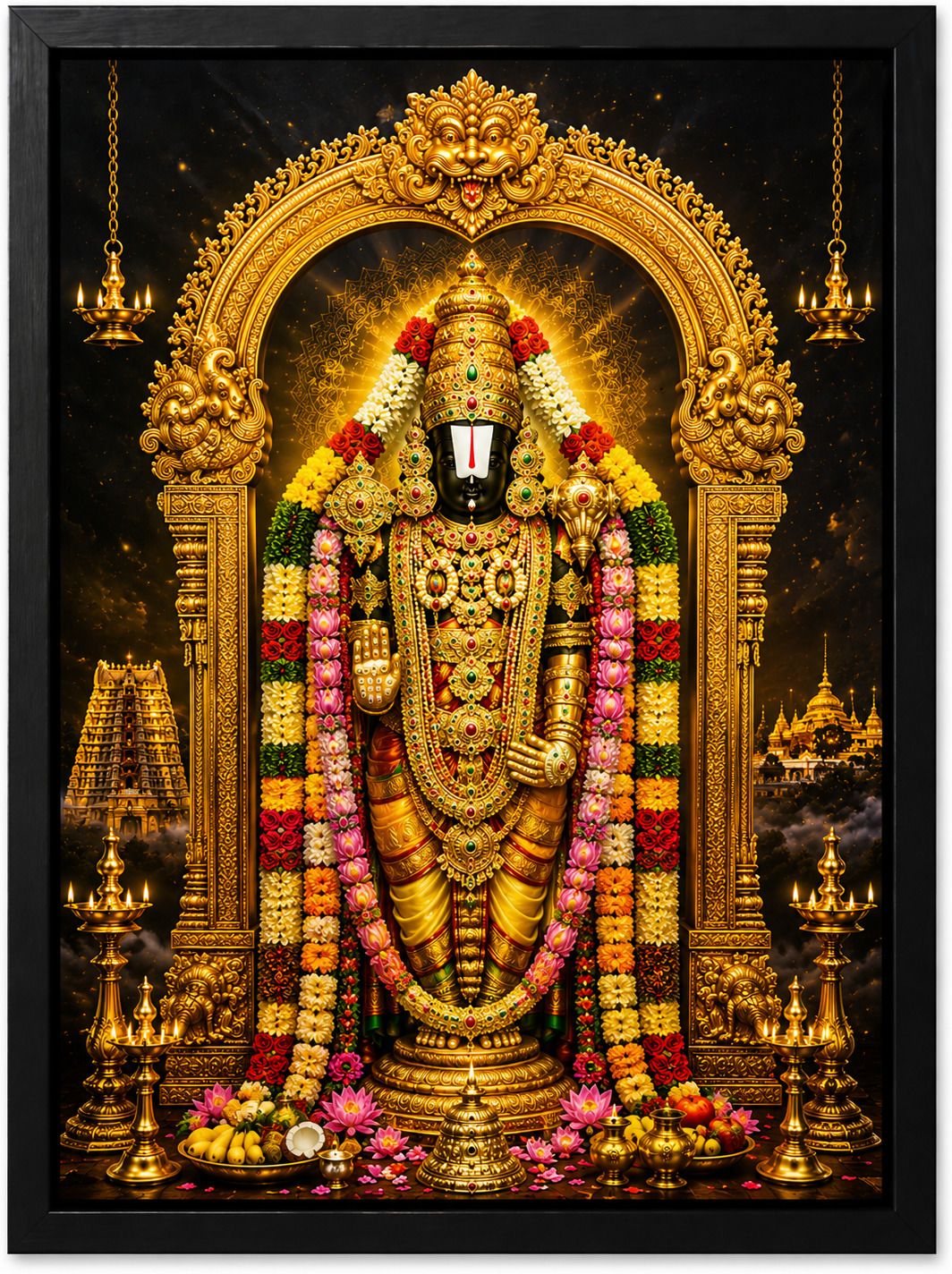 Tirupati Balaji HD Glossy MDF Painting with Black Canvas Frame — 45x30 cm
