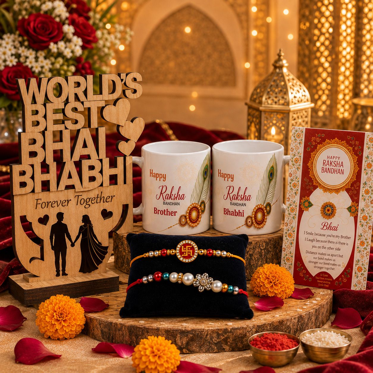Designer rakhi-mug012 Assorted Mug, Trophy Set by SUNINOW (1 rakhi for bhaiya, 1 rakhi for bhabhi, mug-2, roli, chawal, 1 trophy)