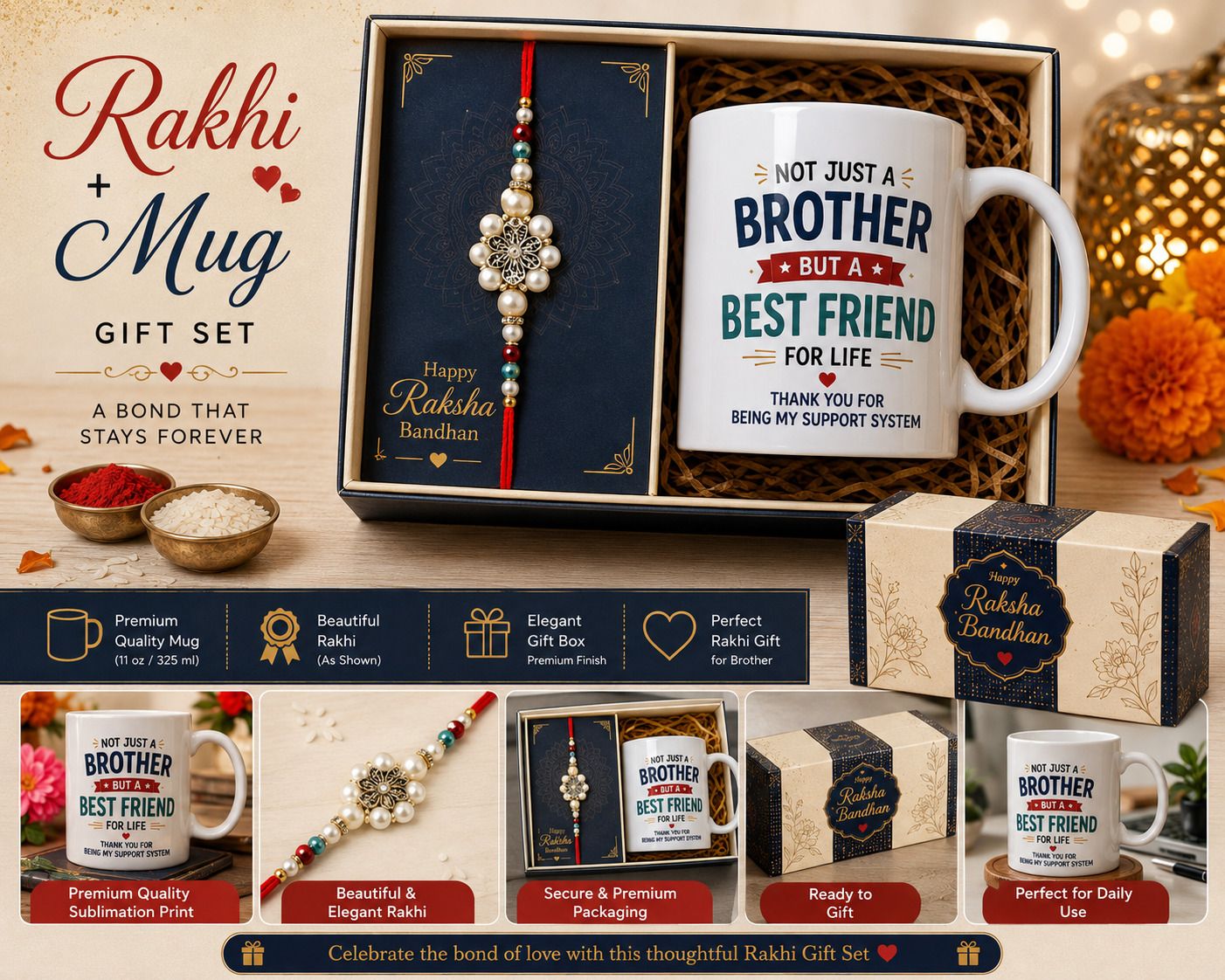 Designer rakhi-mug05 Assorted Mug Set by SUNINOW (1 Rakhi :: 1 Mug :: 1 Gift Box :: 1 Roli :: 1 Chawal)
