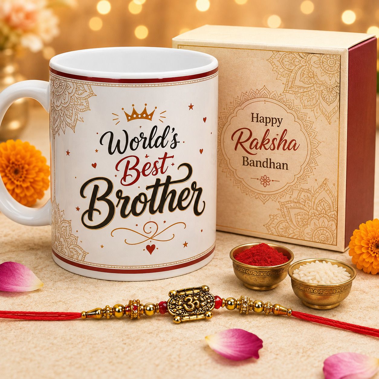 Designer rakhi-mug02 Assorted Mug Set by SUNINOW (1 Rakhi :: 1 Mug :: 1 Gift Box :: 1 Roli :: Chawal)