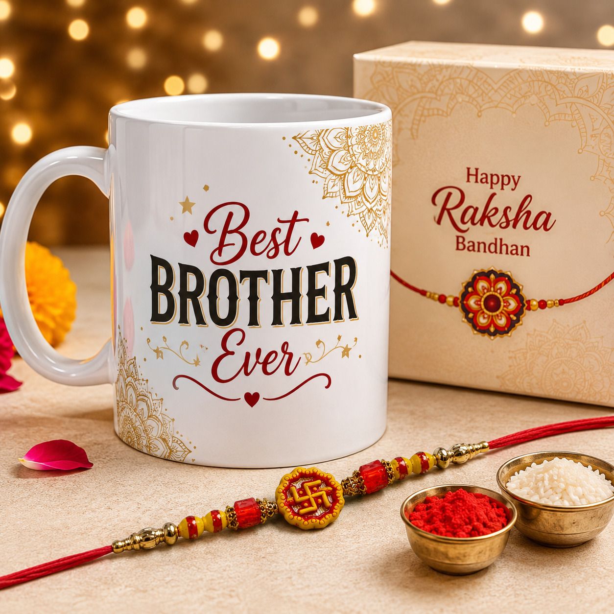 Designer rakhi-mug01 Assorted Mug Set by SUNINOW (1 Rakhi :: 1 Mug :: 1 Gift Box :: 1 Roli :: 1 Chawal)
