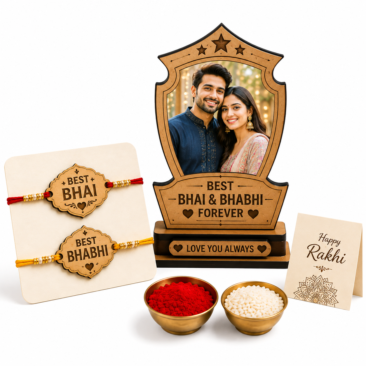 Customized Photo Trophy with Best Bhai MDF Rakhi, Roli Chawal | Personalized Raksha Bandhan Gift Set for Brother | Rakhi Gift Hamper for Bhai